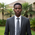 Nigerian male model wearing dark charcoal grey tonal geometric diamond dot woven necktie with white shirt and charcoal suit