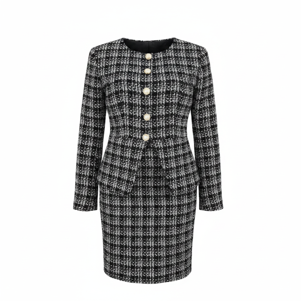 Women's black and white tweed long sleeve pearl button co-ord set – ghost mannequin front view