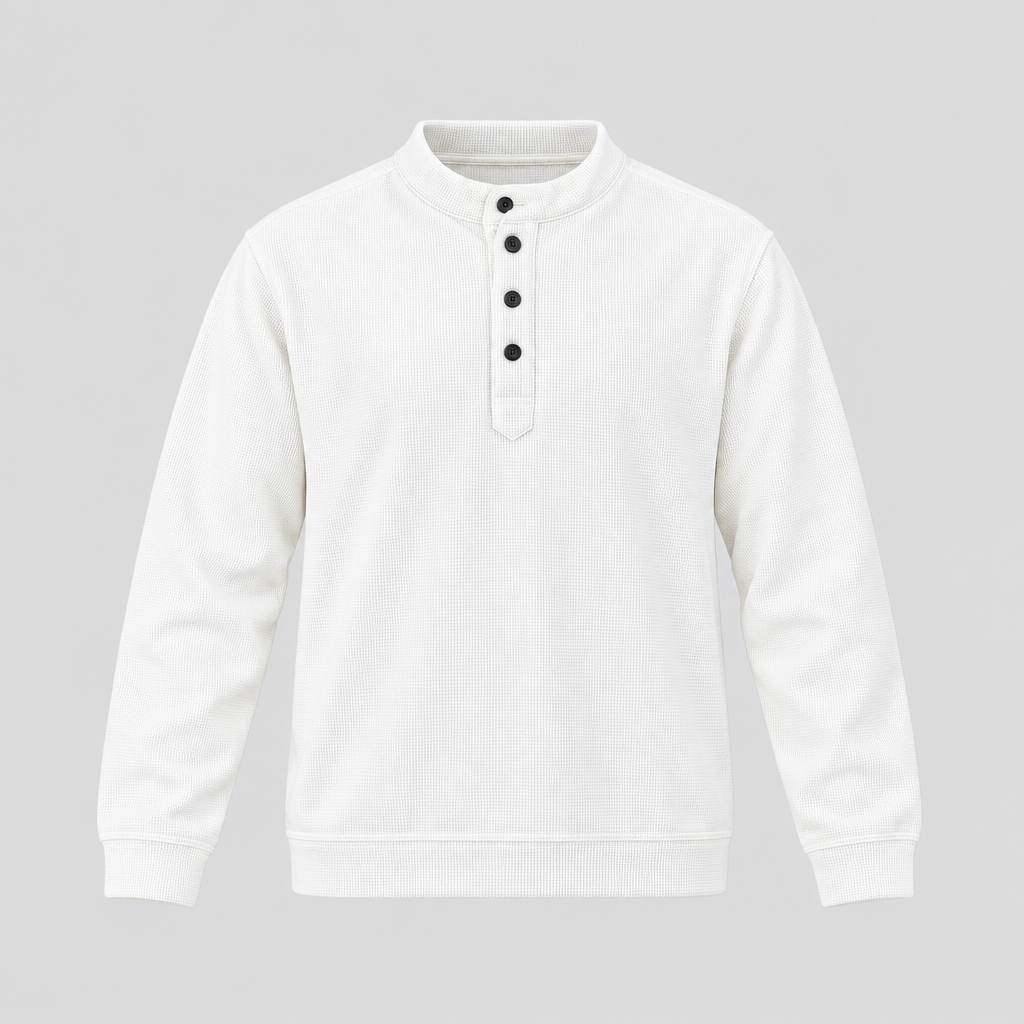 Ghost mannequin view of a white textured long-sleeve pullover with button neckline