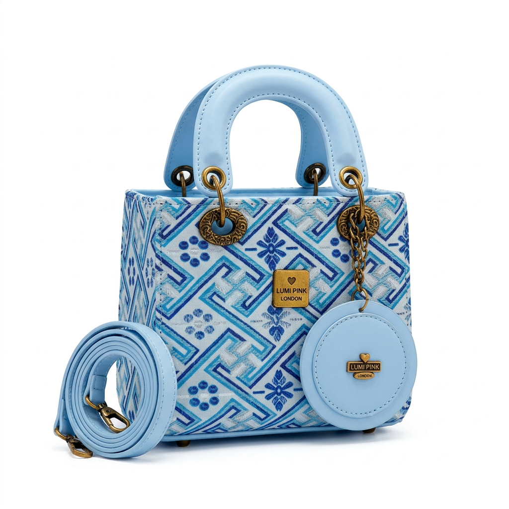 Sky-blue geometric top-handle handbag with round pouch and long strap on white
