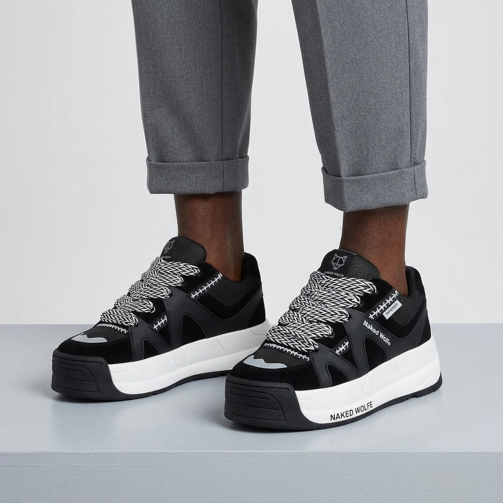 Leg-focused model wearing black chunky patterned-lace sneakers
