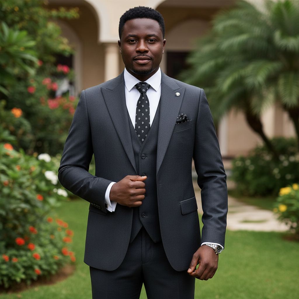 Nigerian male model wearing dark charcoal grey 3-piece suit