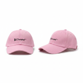 Pink dad cap with black cat silhouette Purrfect embroidery – ghost mannequin front and side view