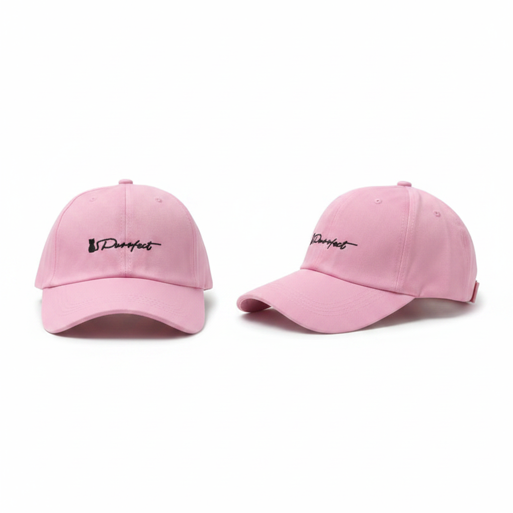 Pink dad cap with black cat silhouette Purrfect embroidery – ghost mannequin front and side view