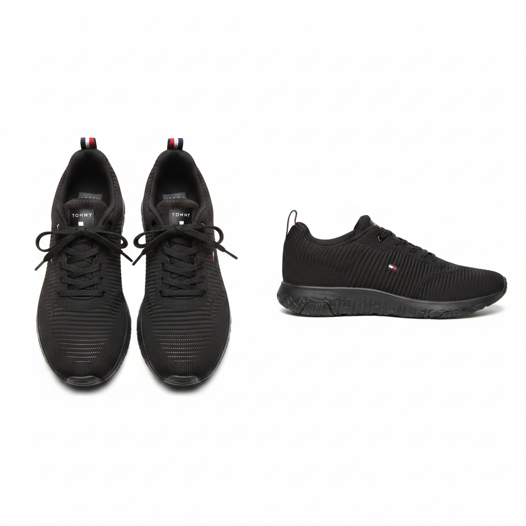 Men's all-black ribbed knit lace-up sneaker ghost mannequin front and side view pair