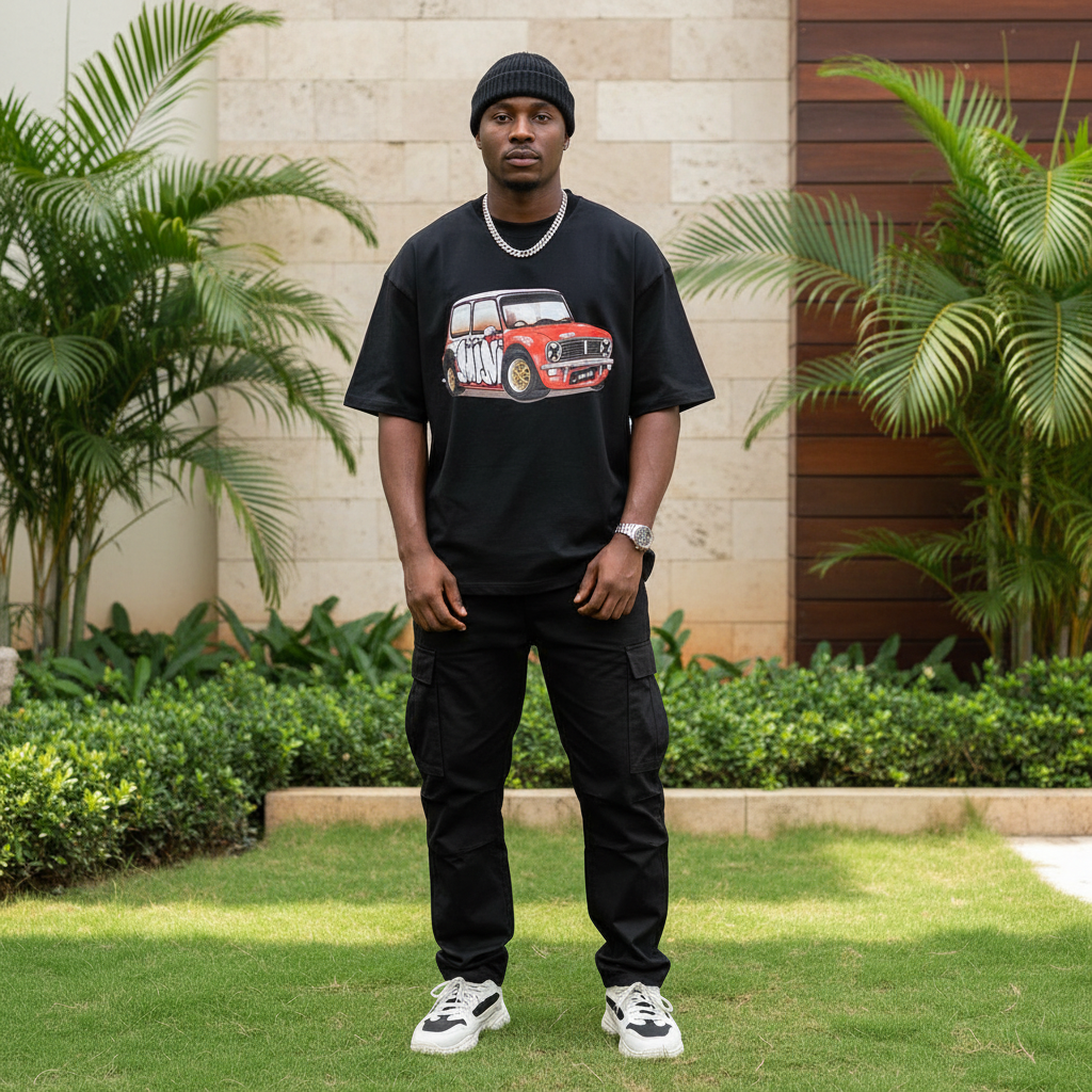 Nigerian male model wearing black rally car cartoon graphic oversized tee – front view