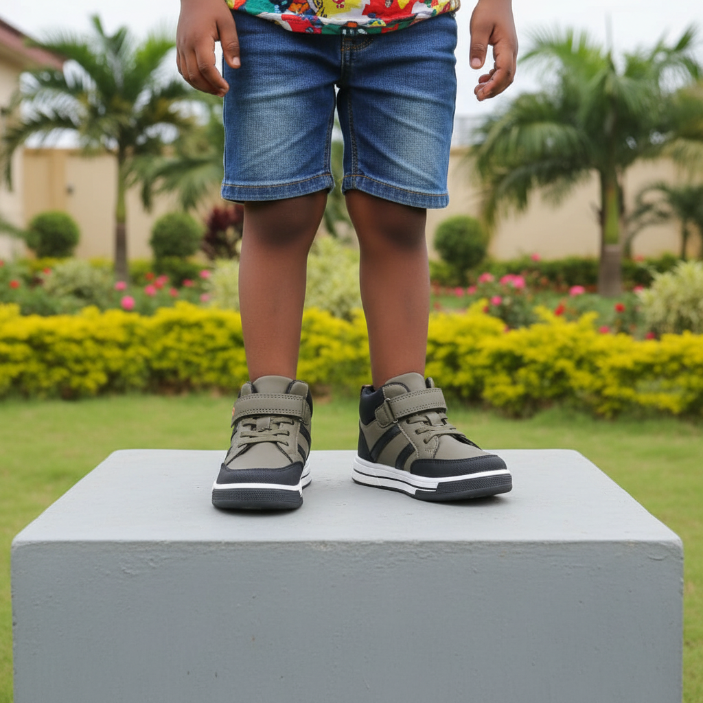 Nigerian child wearing olive green and black velcro chunky sneakers