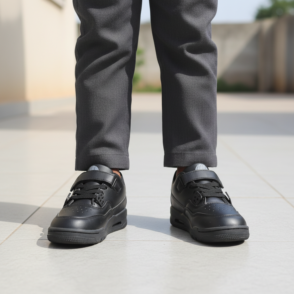 Nigerian child model leg focus shot wearing all-black velcro lace-up sneakers