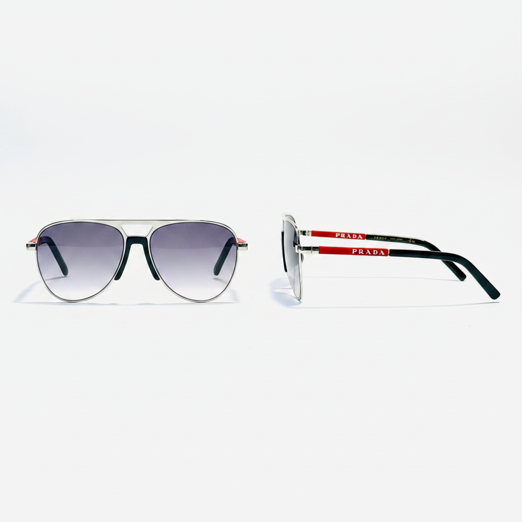 Unisex gradient grey aviator sunglasses silver double bridge red accent temple – front and side view