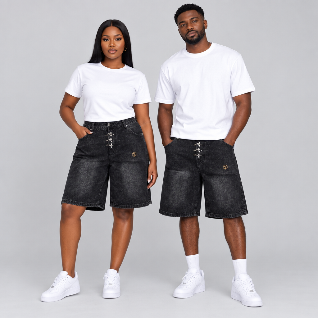 Woman and man together wearing charcoal-black denim shorts with silver-tone hook details