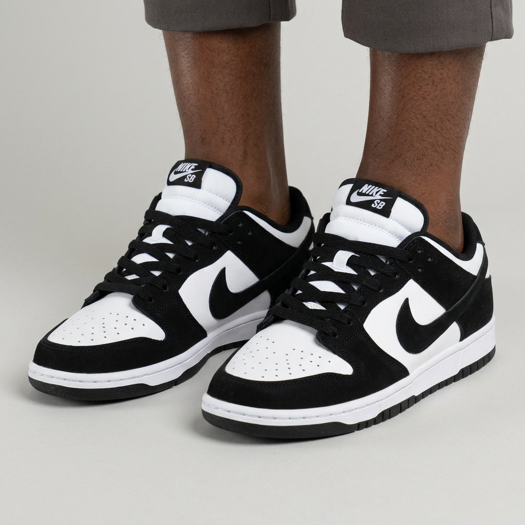 Both black and white low-top sneakers worn by a Black male model