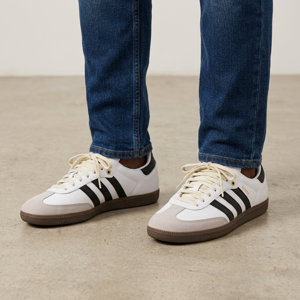 Model wearing white and black stripe low-top sneakers with blue jeans
