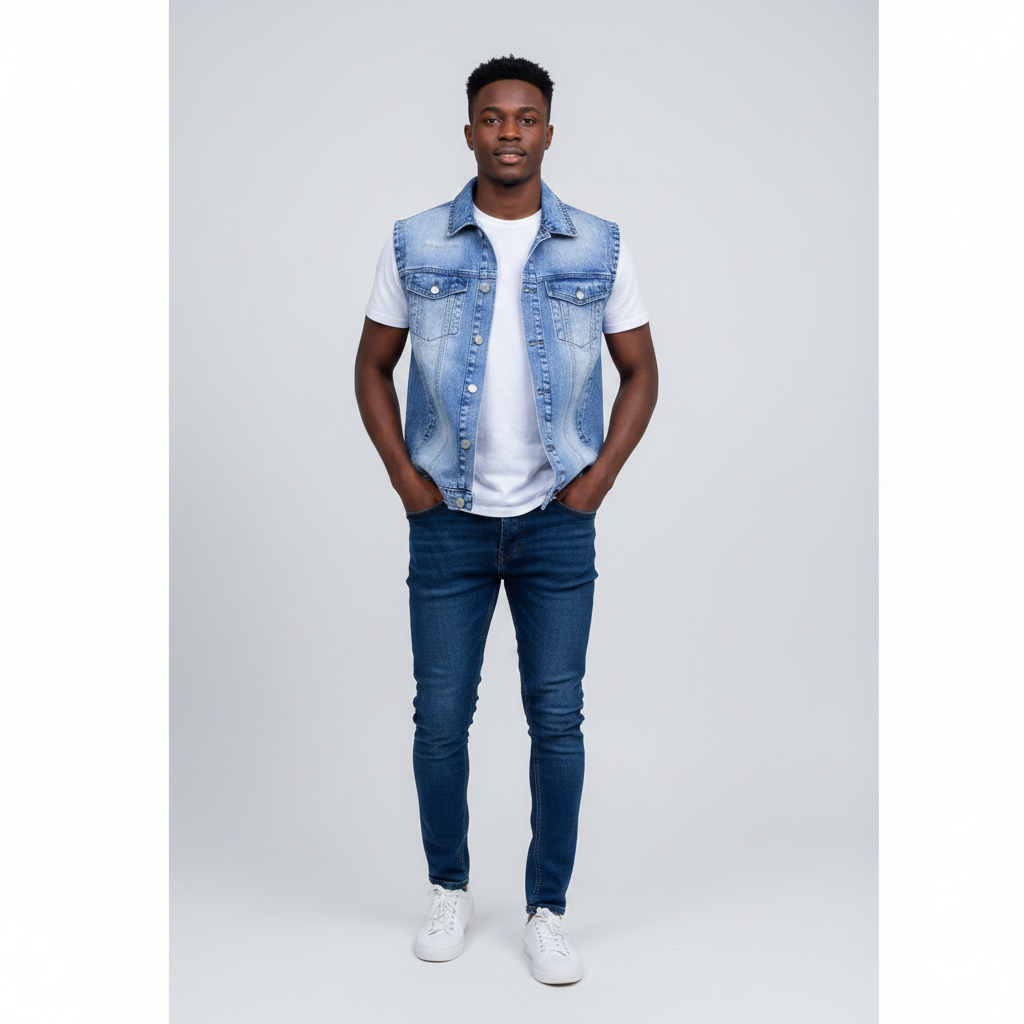Nigerian model wearing Light Blue Washed Distressed Denim Vest