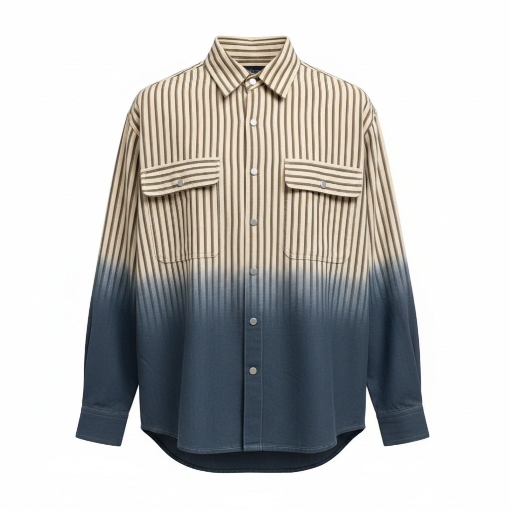 Cream and brown striped dip-dye workwear shirt ghost mannequin — slate blue ombré hem, white background