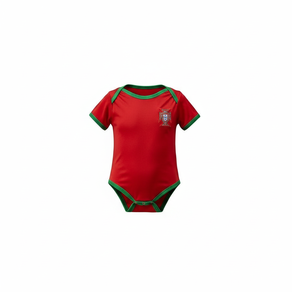 Baby red & green football romper bodysuit – ghost mannequin front view on white background