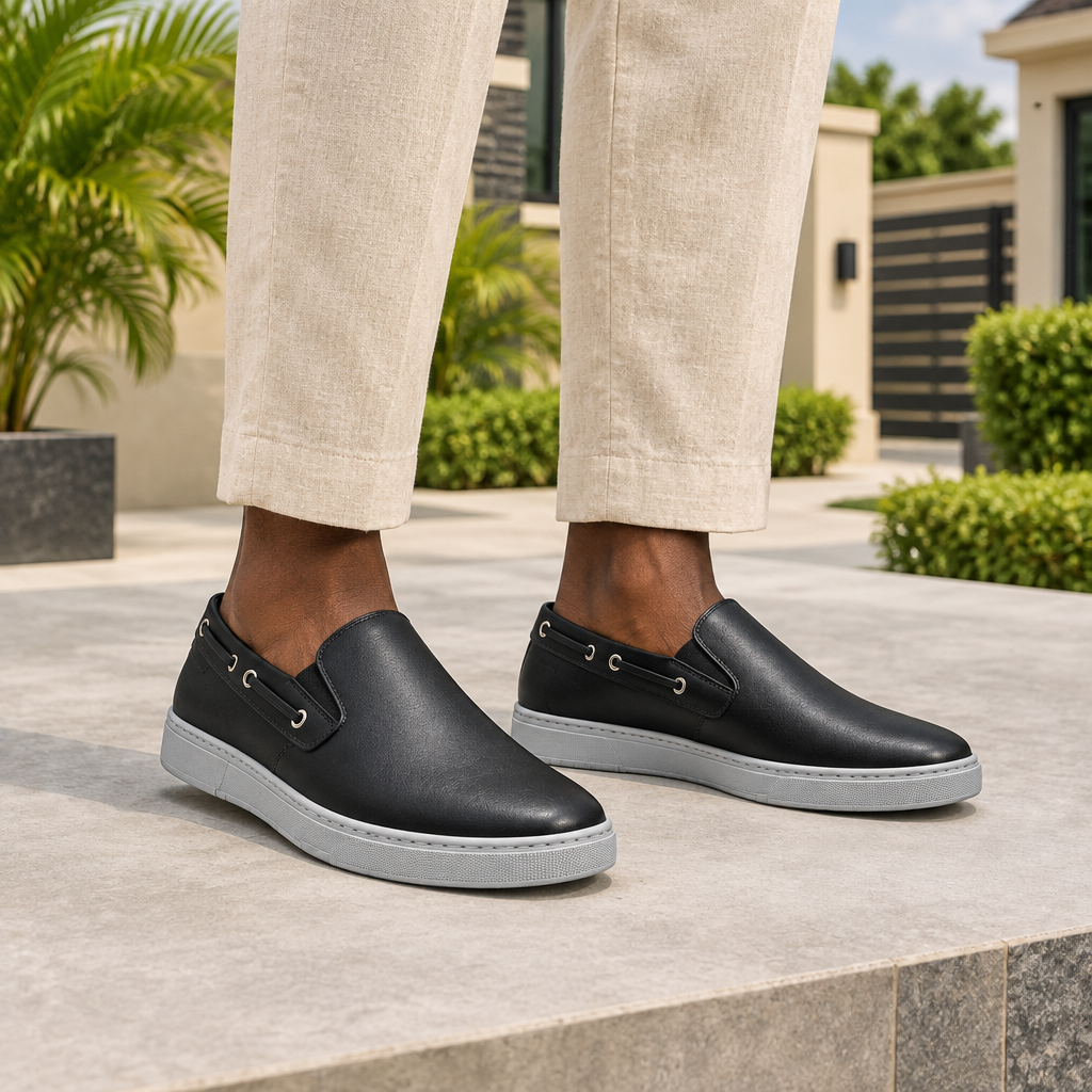 Man wearing black slip-on sneakers with beige linen trousers