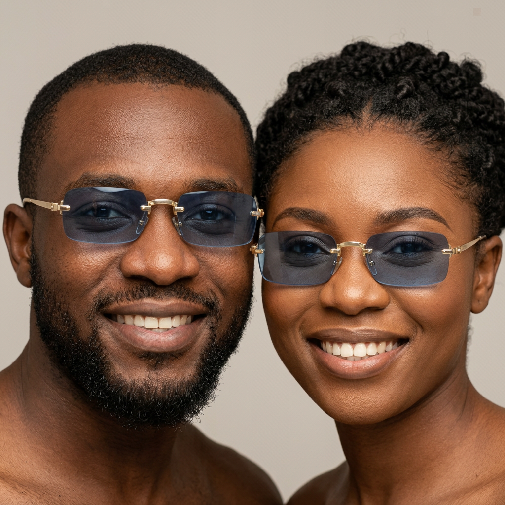 AI-generated adults wearing gold-tone rimless dark-lens sunglasses