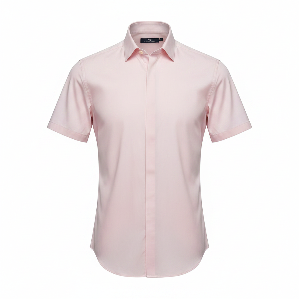 Ghost mannequin front view of blush pink short-sleeved shirt