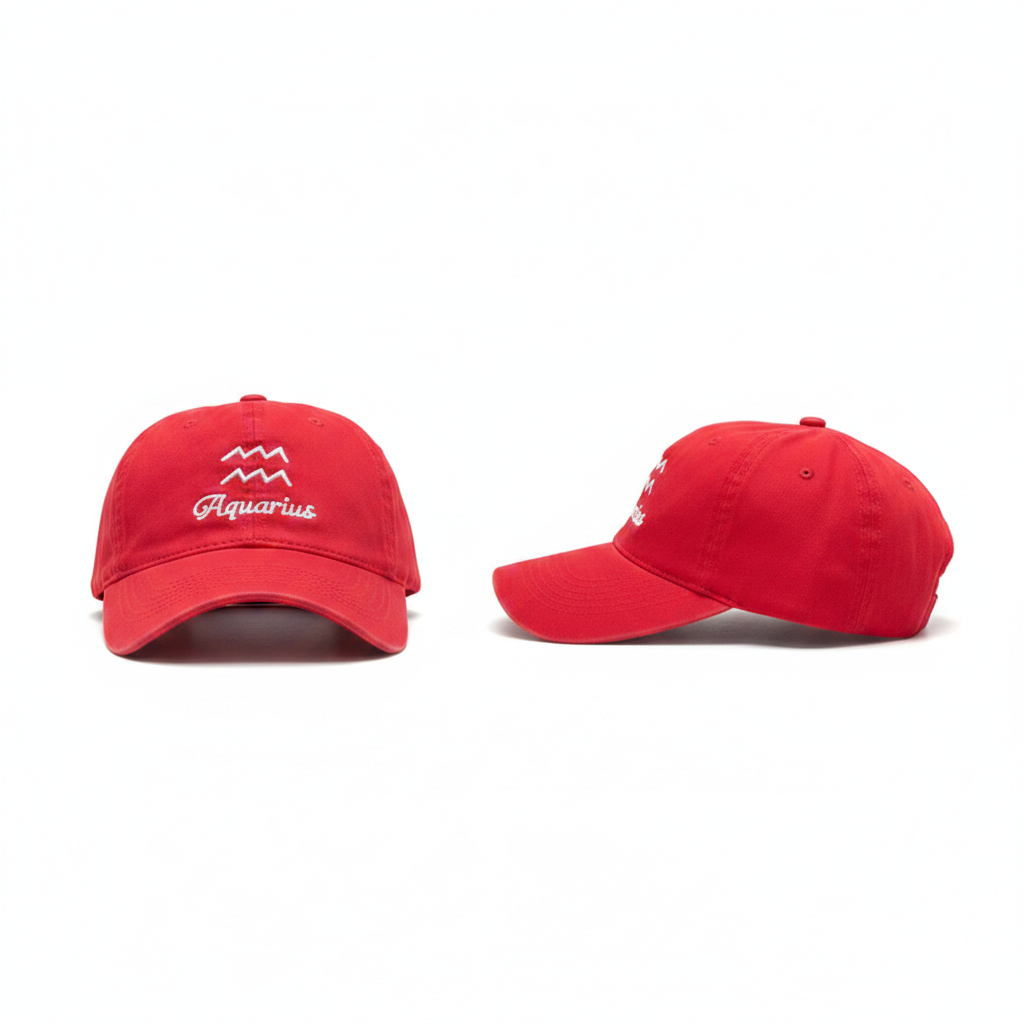 Bright red Aquarius zodiac embroidered dad cap – ghost mannequin front and side view