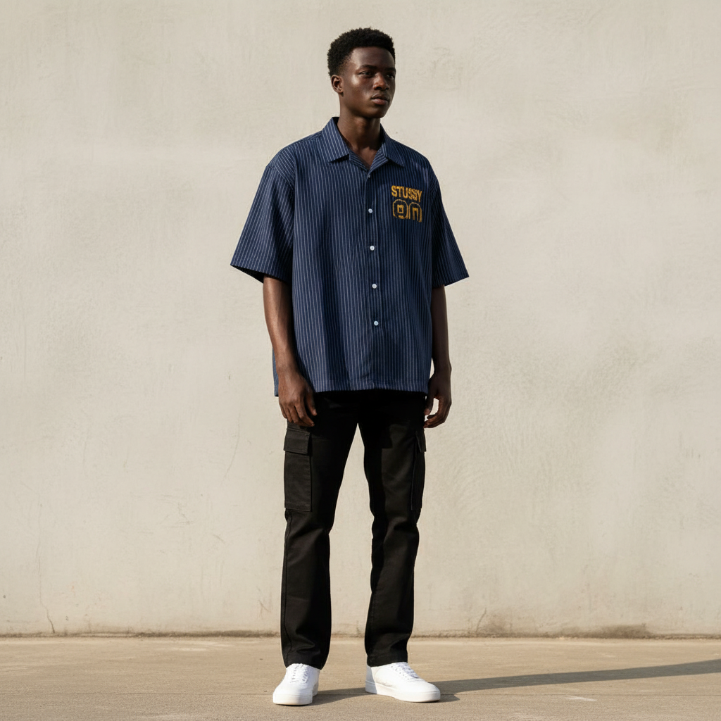 Male model wearing navy Stussy 80 pinstripe varsity shirt