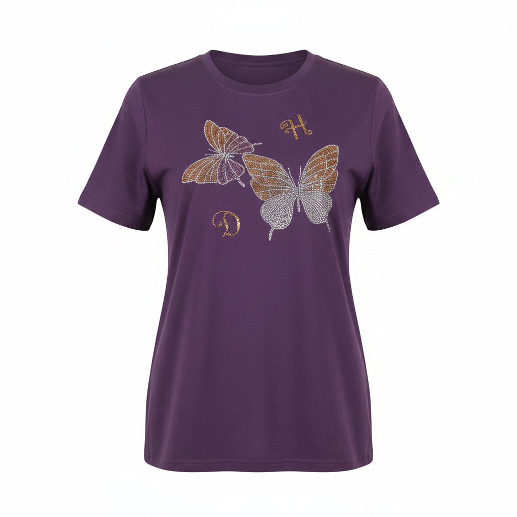 Women's deep purple rhinestone crystal dual butterfly graphic crew neck tee - ghost mannequin front view