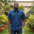 Nigerian model wearing Navy Blue Checkered Short Sleeve Shirt – Front View