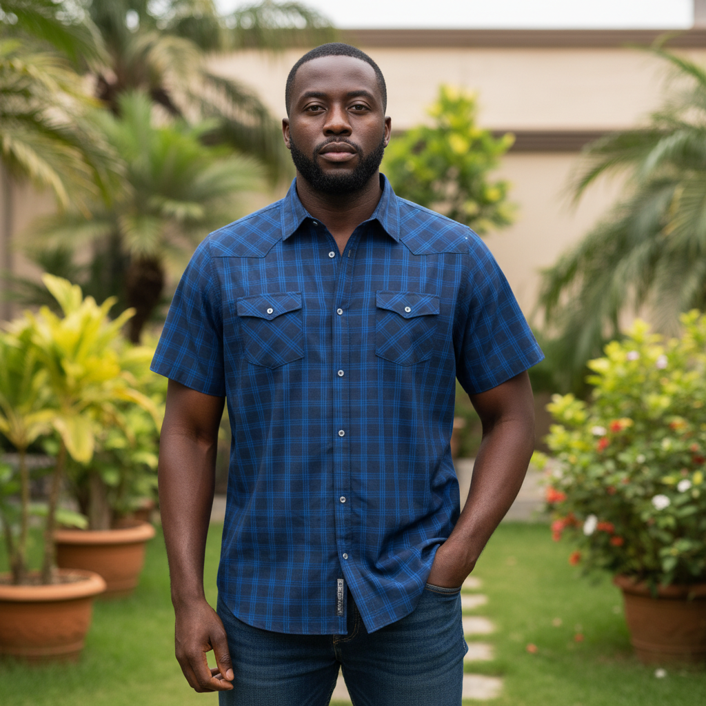 Nigerian model wearing Navy Blue Checkered Short Sleeve Shirt – Front View