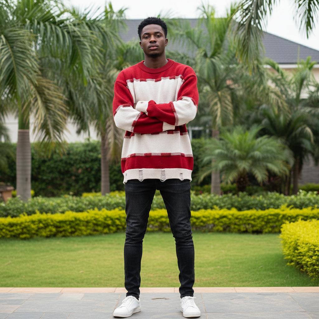 Nigerian male model wearing men's red white stripe distressed knit sweater