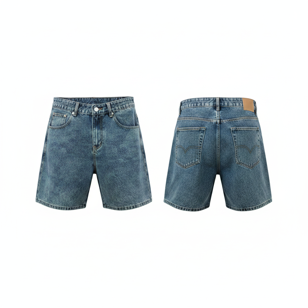 Men's mid-blue vintage washed denim shorts ghost mannequin front and back view