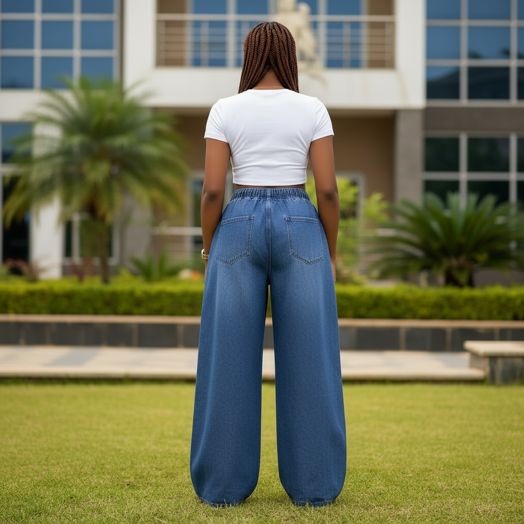Blue Baggy Wide-Leg Drawstring Jeans - Nigerian Female Model Back View