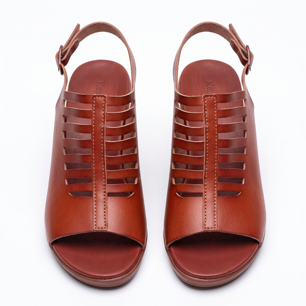 Pair of women's cognac cage-front slingback sandals on white