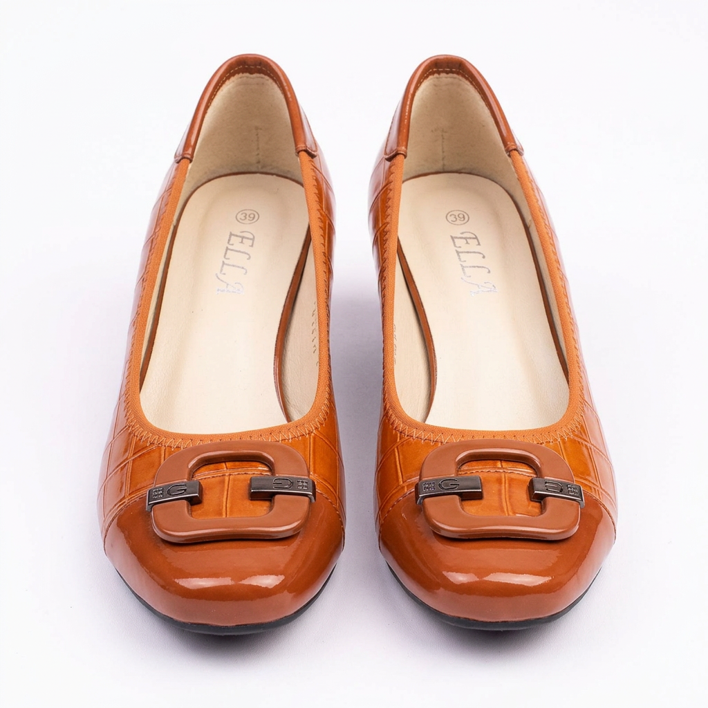 Matching cognac brown tab-detail wedge shoes