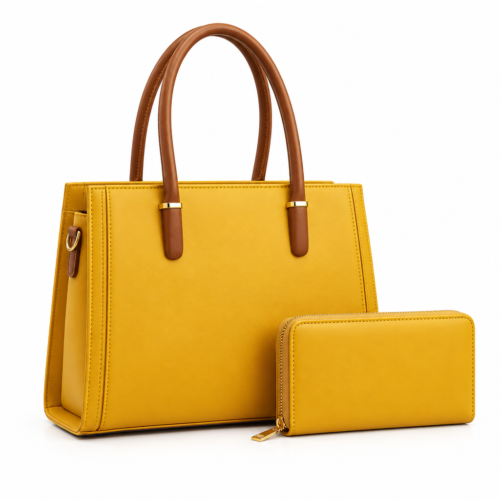 Mustard tote with brown handles and matching zip-around purse on white