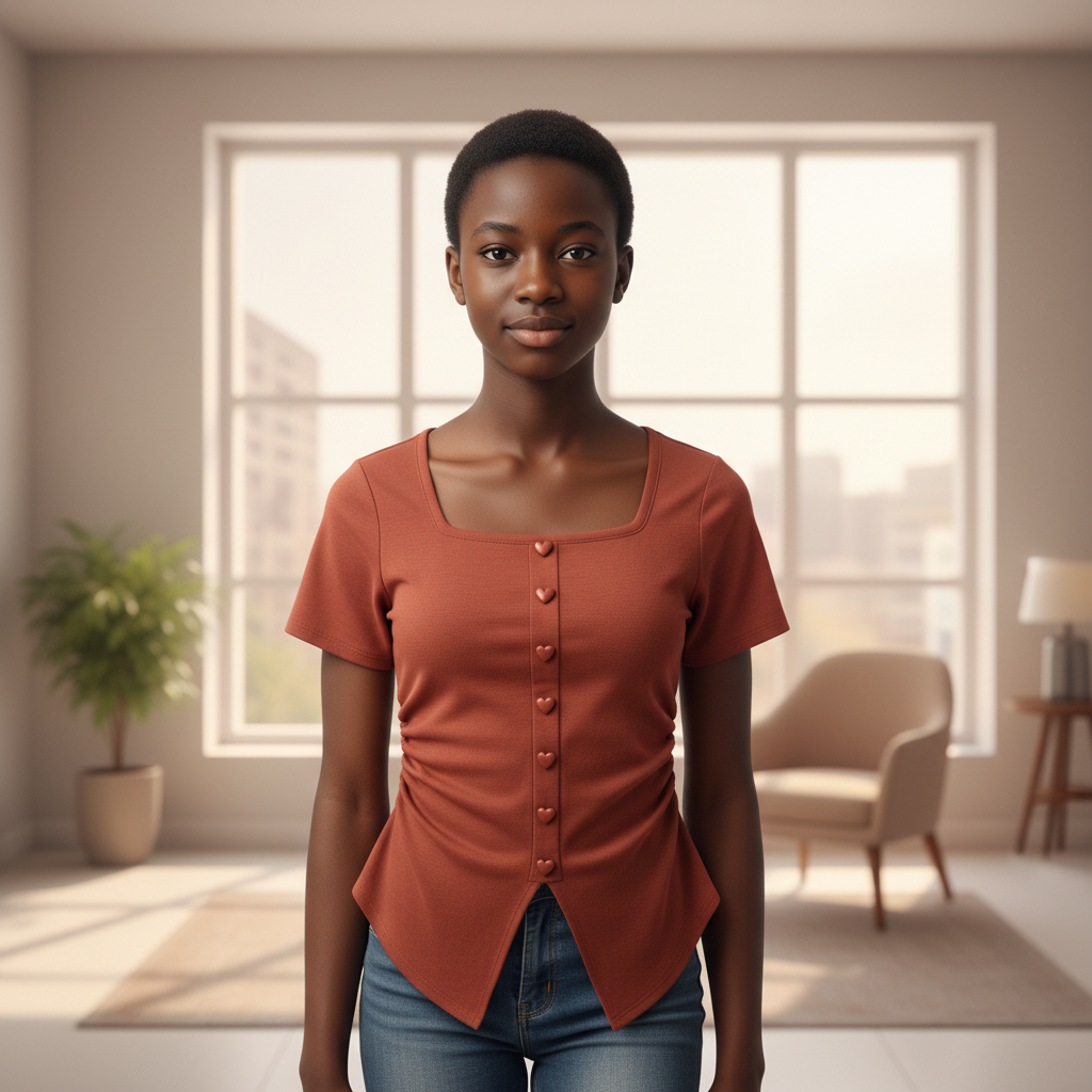 Girls rust button-front ruched top on model