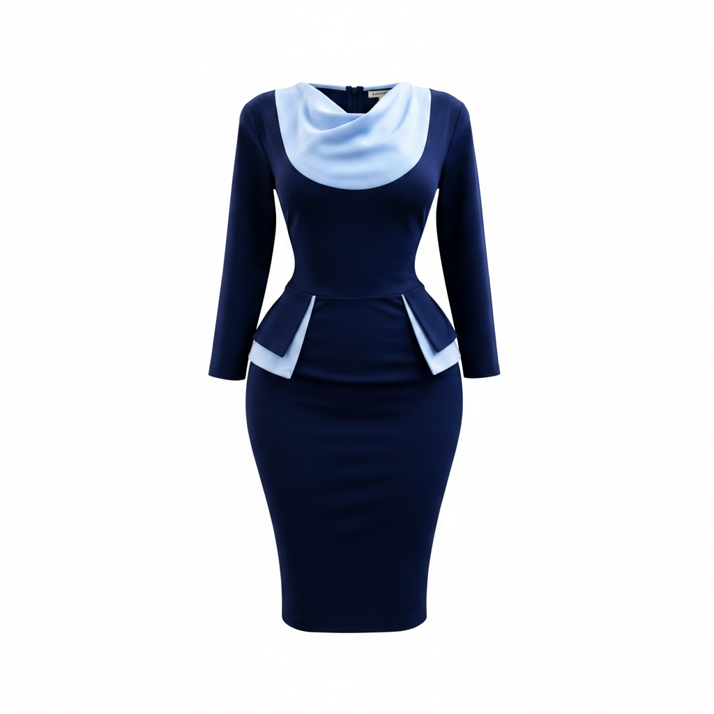 Women's navy and light blue cowl neck peplum bodycon midi dress - ghost mannequin view
