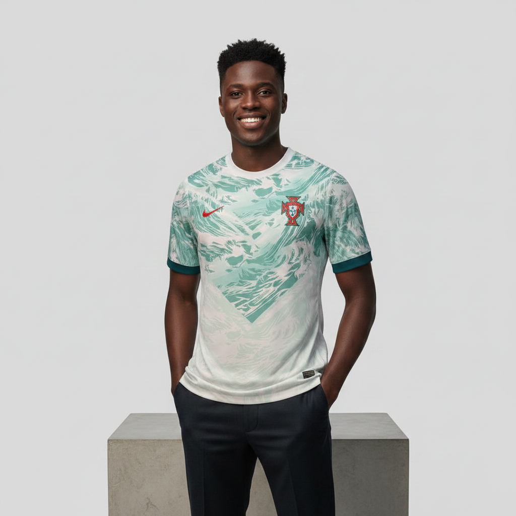 Nigerian male model wearing white teal wave graphic football jersey on concrete plinth