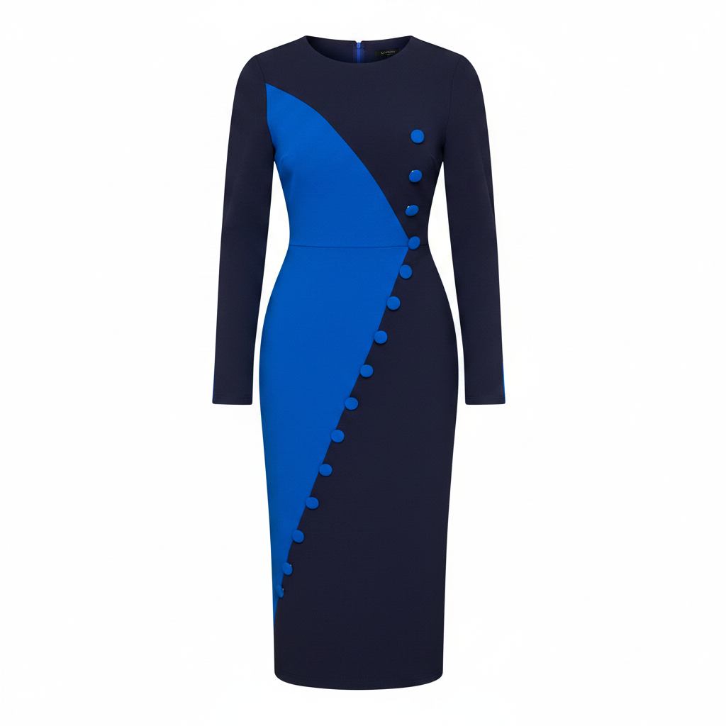 Women's Navy & Royal Blue Colour-Block Button-Trim Midi Dress – Ghost Mannequin Front View