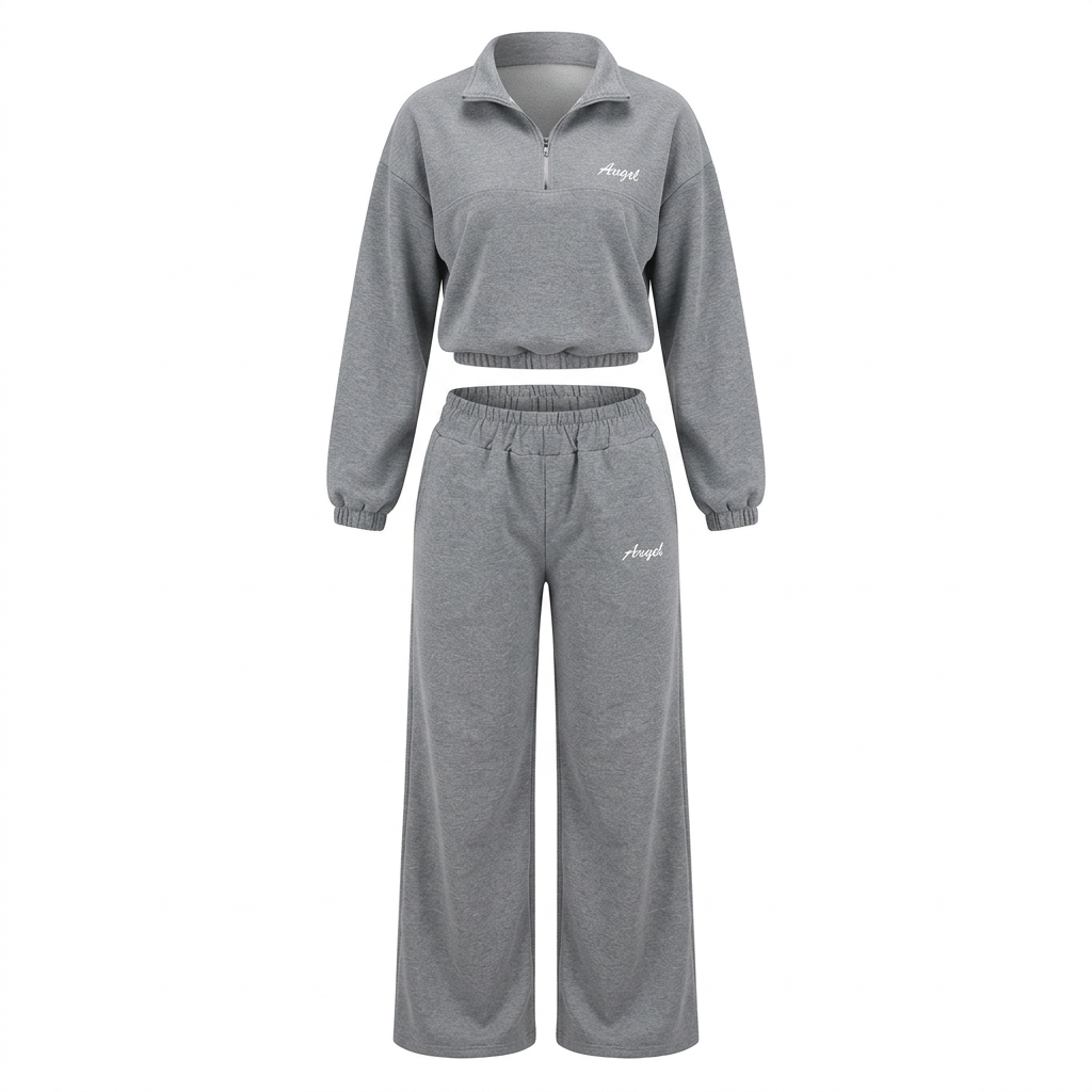 Grey cropped quarter-zip top and wide-leg trouser set on an invisible mannequin