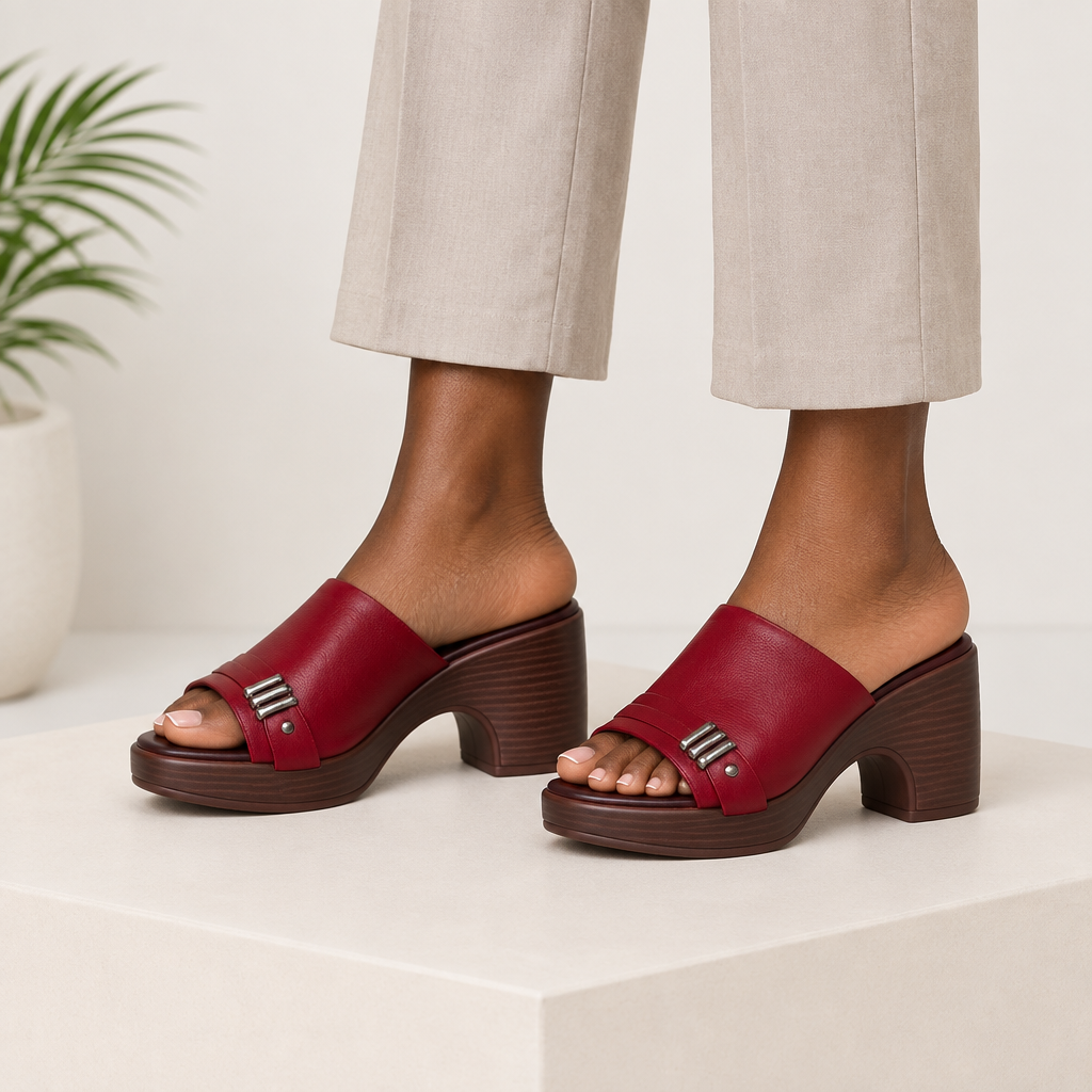 Model wearing red platform clog mules, complete pair shown on both feet