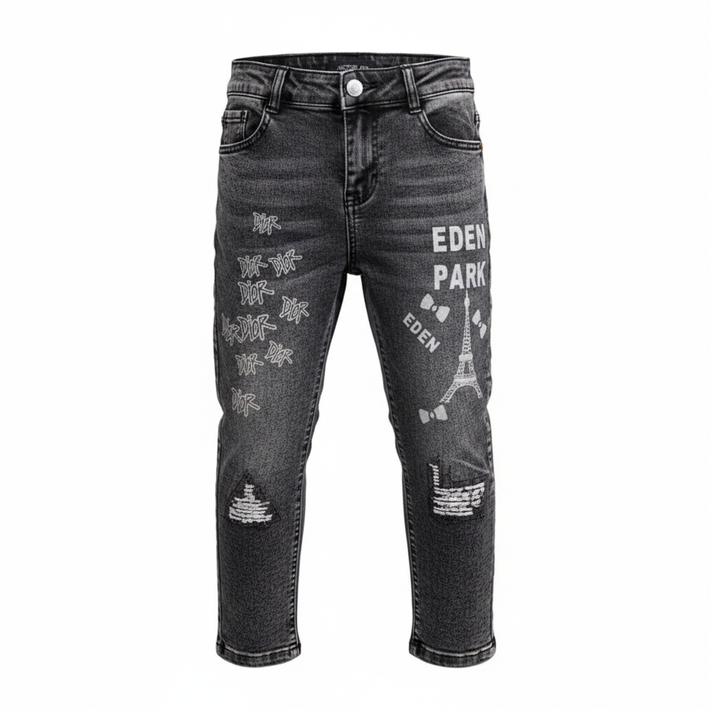 Boys Eden Park graphic denim jeans in dark grey ghost mannequin view