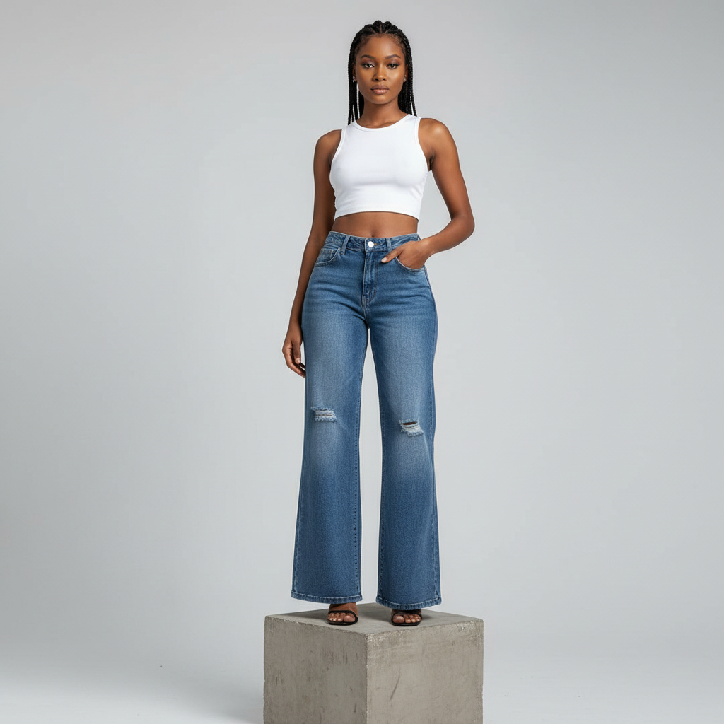 Nigerian female model wearing blue washed ripped knee wide-leg jeans