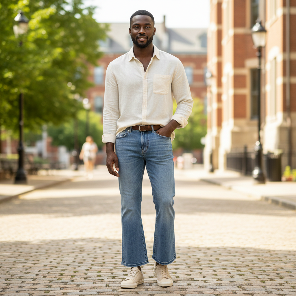 Nigerian model wearing Light Blue Washed Wide Bootcut Flare Cropped Micro-Scratch Distressed Raw Hem Jeans
