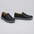 Men's black pebble grain slip-on loafers, front and side view