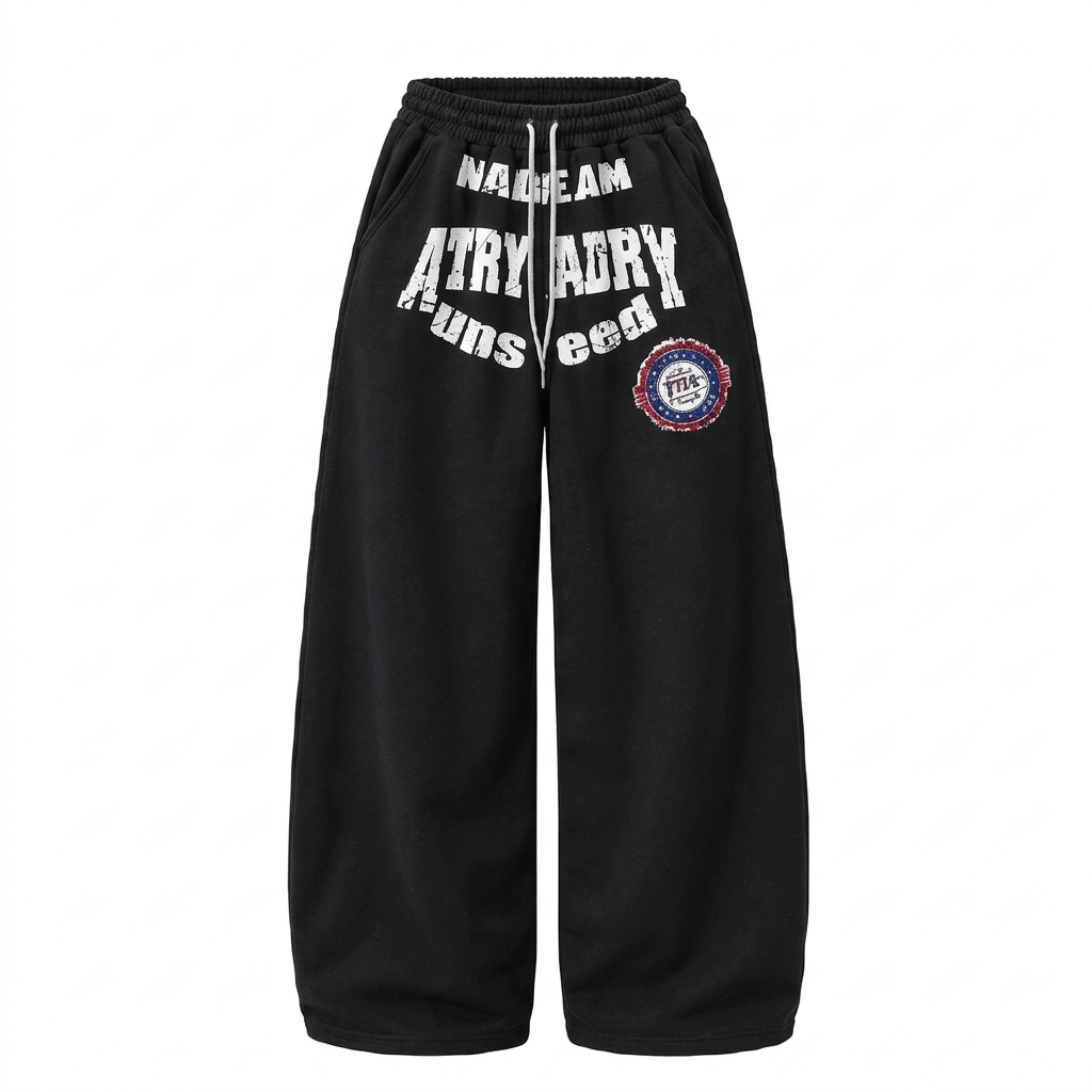 Single black wide-leg trousers with contrasting white lettering and a circular thigh badge