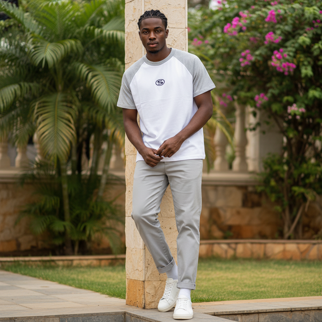 Men's White Grey Raglan Short Sleeve T-Shirt - Nigerian Male Model