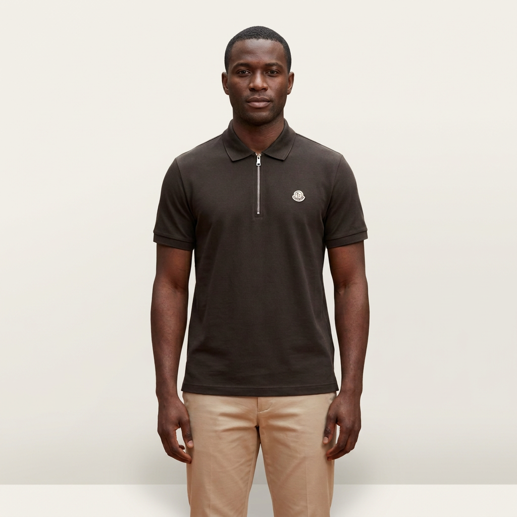 Male model wearing a dark brown zip-neck polo with white chest embroidery against a plain off-white background