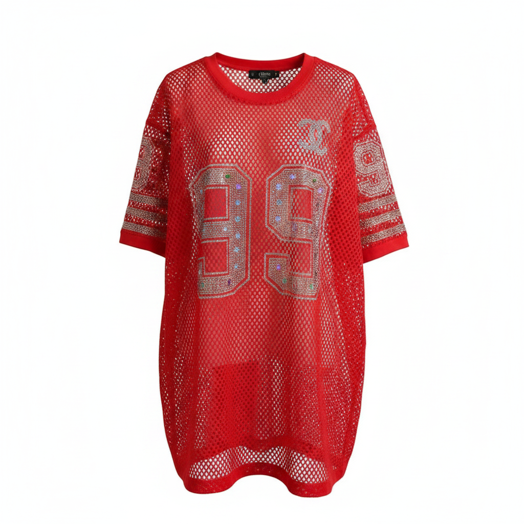 Rhinestone 99 Mesh Oversized Top – Ghost Mannequin Red