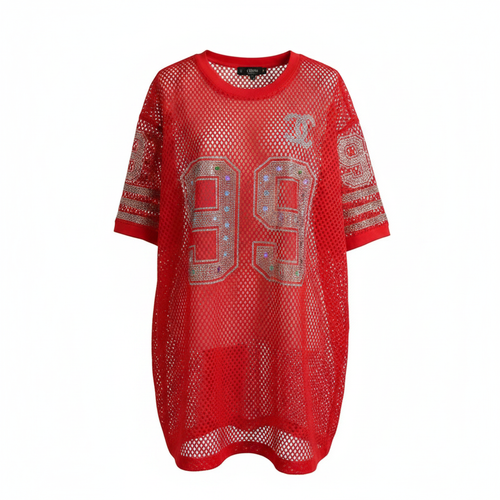 Rhinestone 99 Mesh Oversized Top – Ghost Mannequin Red