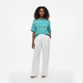 KC Teal & White Variegated Stripe Textured Knit Boxy Top – Model Shot