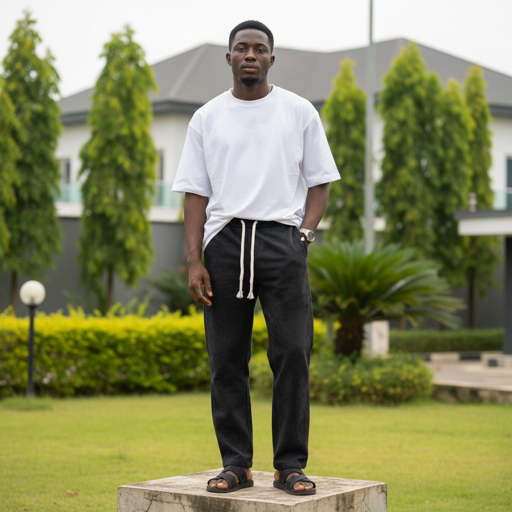 Nigerian male model wearing black acid wash rope drawstring jogger pants streetwear outdoor